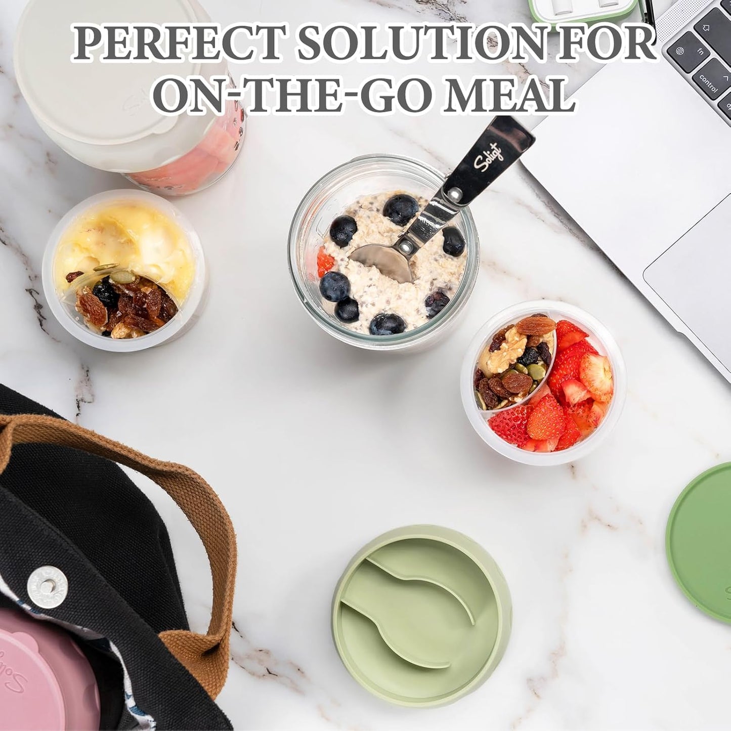 MEAL PREP BASICS ~ 4 Pack Overnight Oats Containers with Lids, Folding Spoons and Divided Compartments for Fruit & Nuts, Small Glass 16Oz Mason Jars for Oatmeal (4 Set-Oat White/Green/Rose/Blue)