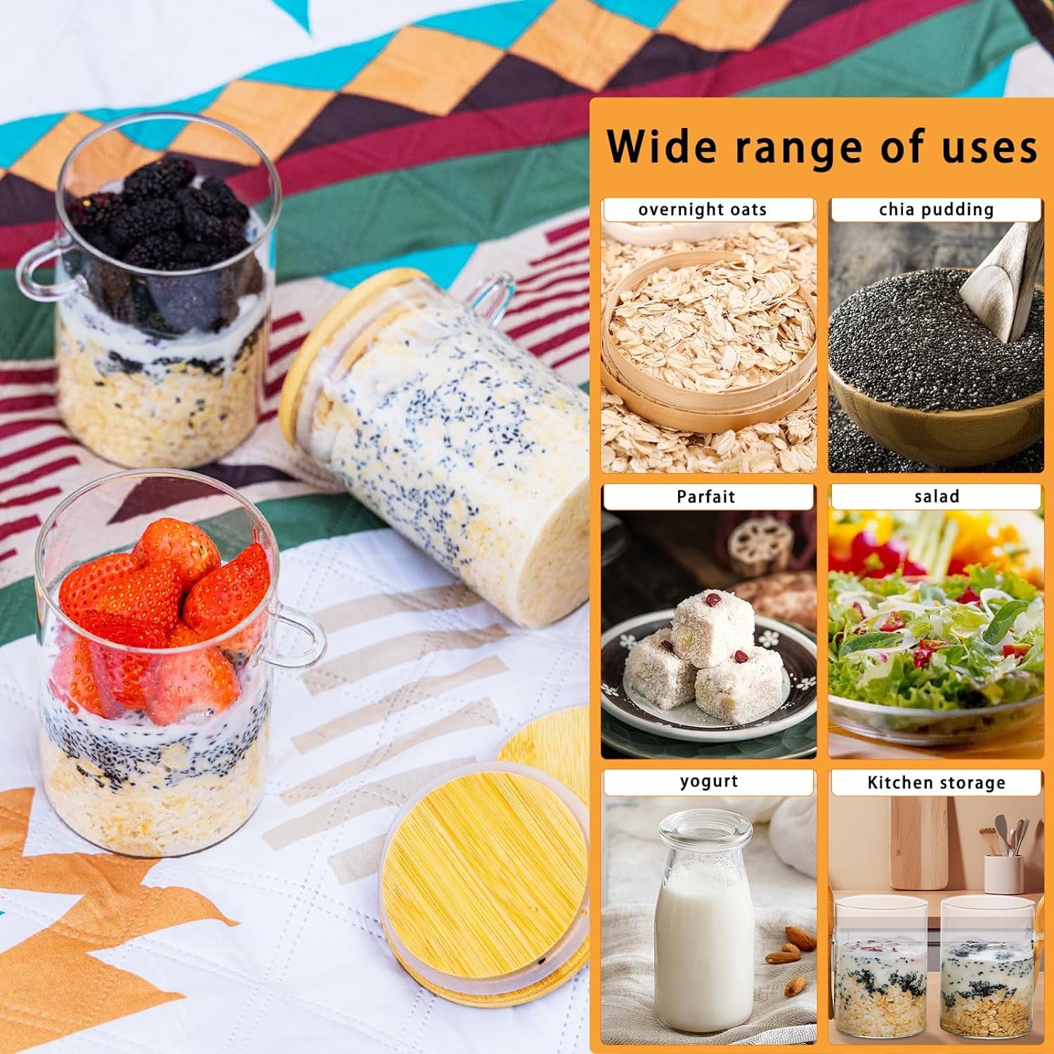 MEAL PREP BASICS ~ Overnight Oats Containers with Lids,16Oz Overnight Oats Jars 4 Pack, Oatmeal Cups,Meal Prep Containers,Glass Meal Prep Containers with Lids,China Pudding Jars