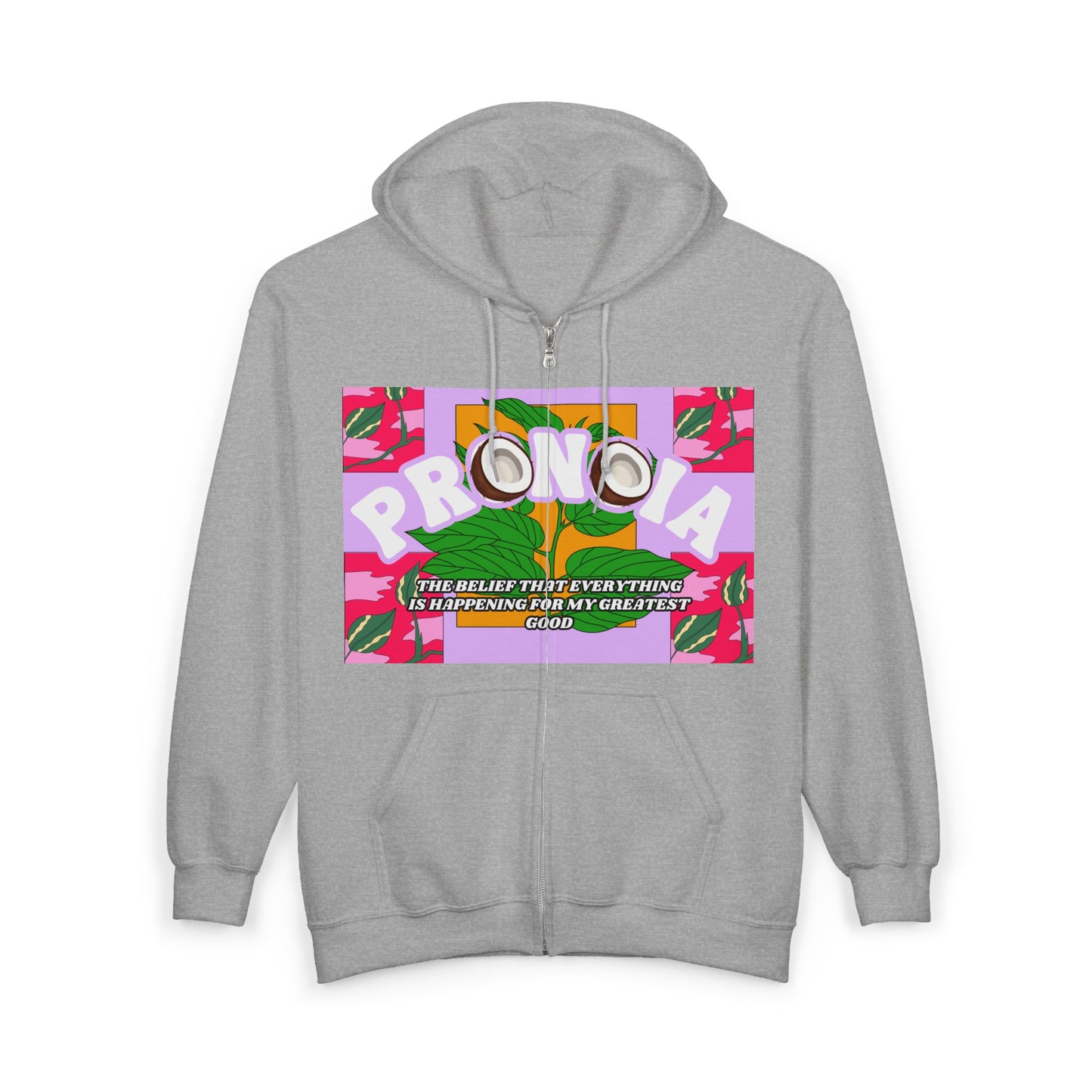 Pronoia Tropical Zip Hoodie — Positive Affirmation Retro Pop Graphic Full-Zip Sweatshirt