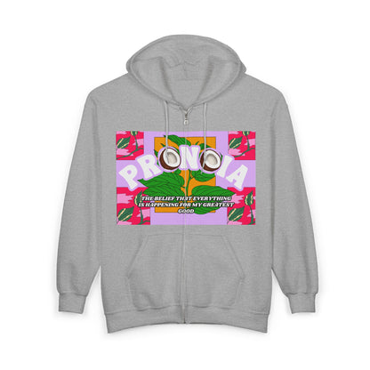 Pronoia Tropical Zip Hoodie — Positive Affirmation Retro Pop Graphic Full-Zip Sweatshirt
