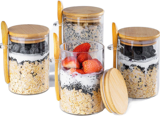MEAL PREP BASICS ~ Overnight Oats Containers with Lids,16Oz Overnight Oats Jars 4 Pack, Oatmeal Cups,Meal Prep Containers,Glass Meal Prep Containers with Lids,China Pudding Jars