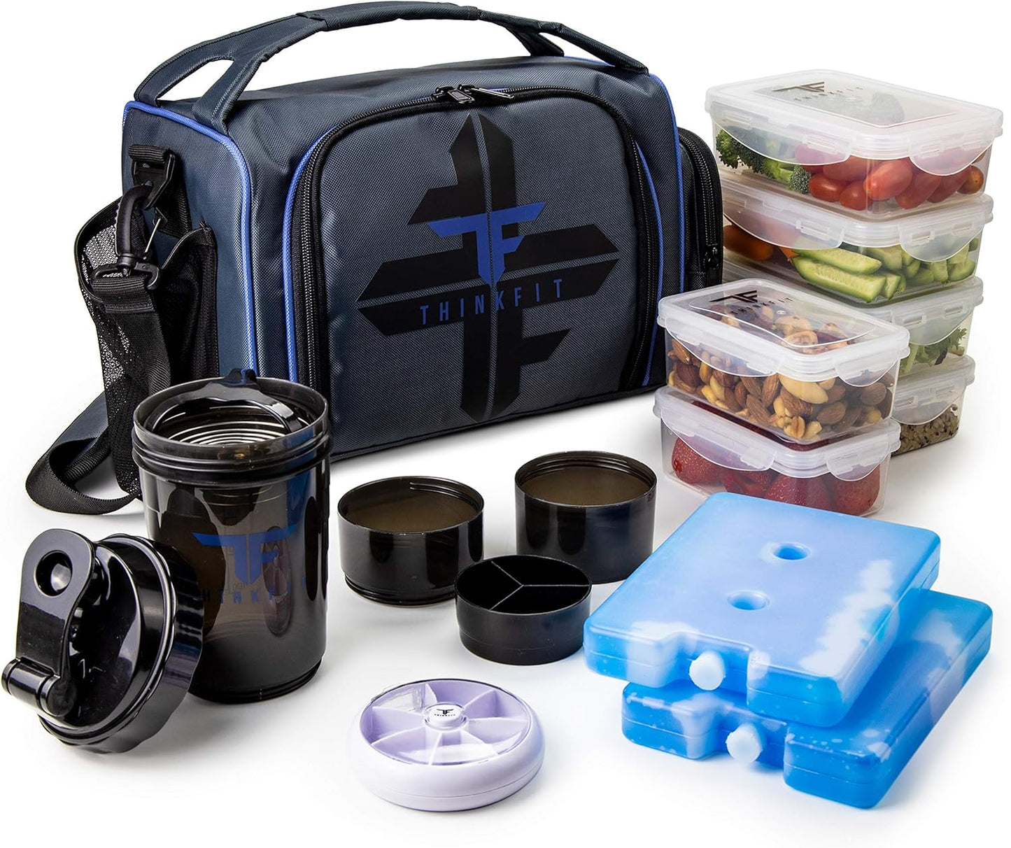 TAKE THE GUESS WORK OUT Insulated Meal Prep Lunch Box | 6 Food Portion Control Containers | Bpa-Free, Reusable, Microwavable, Freezer Safe | Includes Shaker Cup, Pill Organizer, Shoulder Strap & Side Pocket