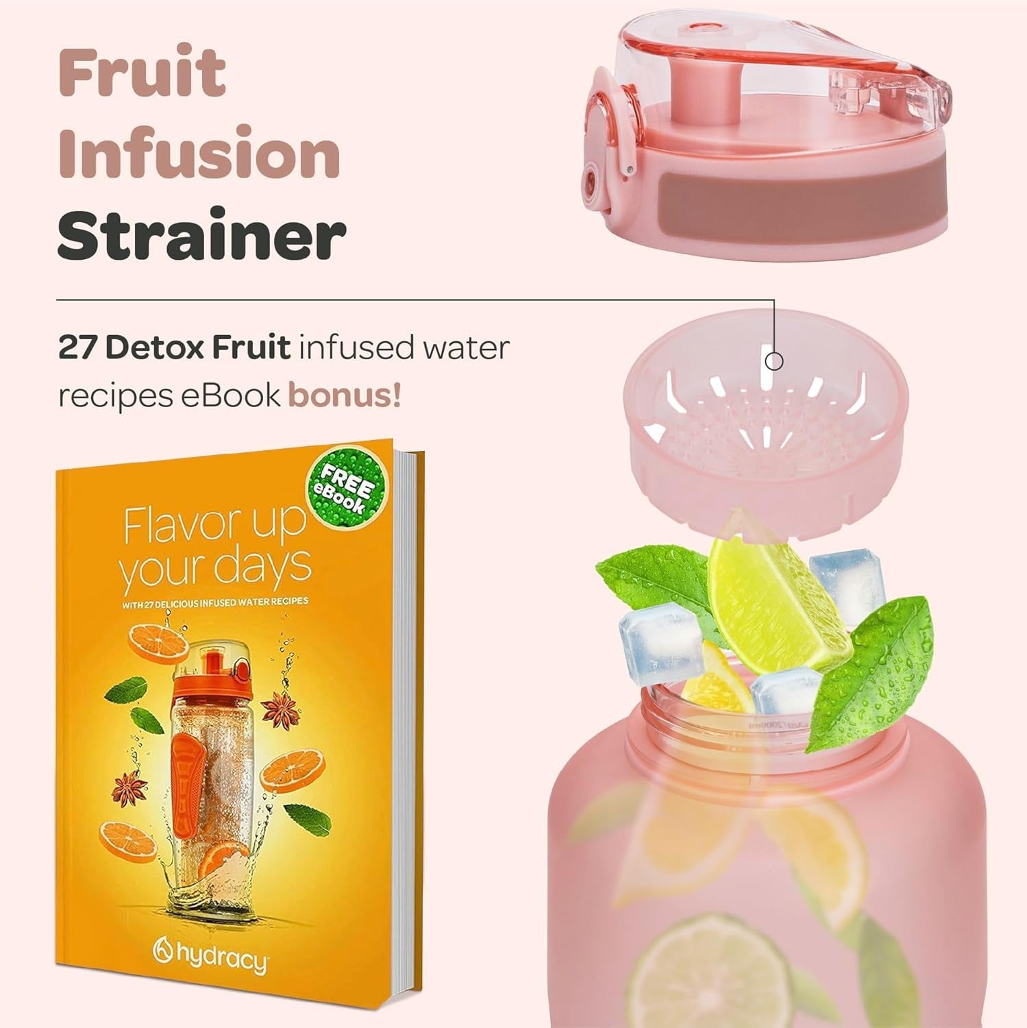 Large BPA Free Water Bottle & No Sweat Sleeve with Time Marker, Fruit Infuser, Strainer