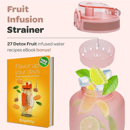 Large BPA Free Water Bottle & No Sweat Sleeve with Time Marker, Fruit Infuser, Strainer