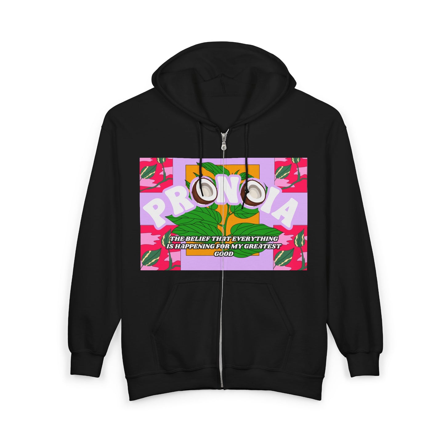 Pronoia Tropical Zip Hoodie — Positive Affirmation Retro Pop Graphic Full-Zip Sweatshirt