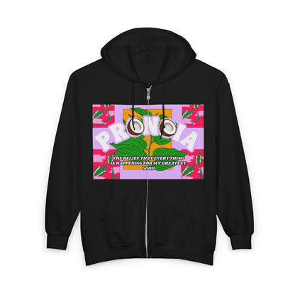 Pronoia Tropical Zip Hoodie — Positive Affirmation Retro Pop Graphic Full-Zip Sweatshirt