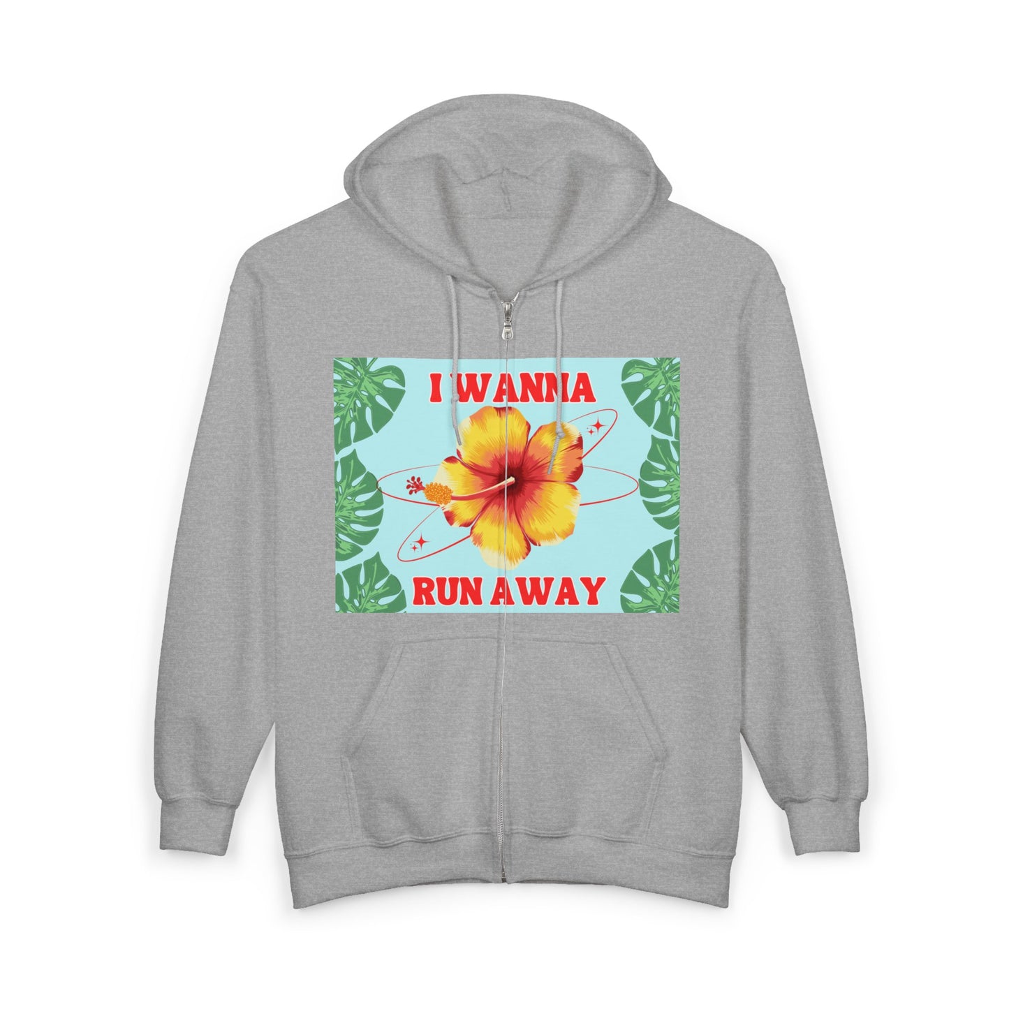 Run Away Floral Zip Hoodie — 'I Wanna Run Away' Tropical Hibiscus Jacket