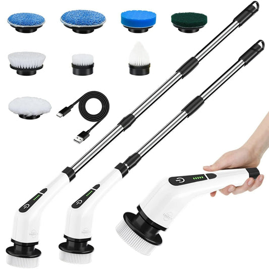 ELEVATE THE CLUTTER ~ Electric Spin Scrubber, Cordless Cleaning Brush with 8 Replaceable Brush Heads, Power Scrubber with Adjustable & Detachable Handle for Bathroom Kitchen Car,White