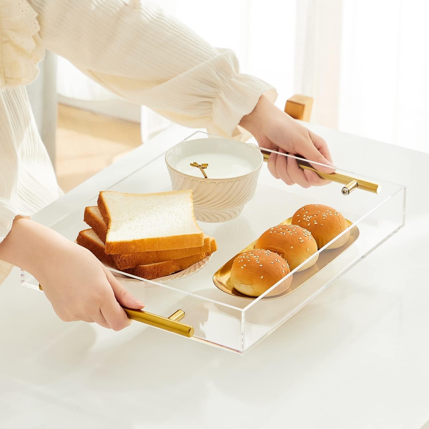 CLUTTER WHERE, CLUTTER BEWARE Clear Acrylic Tray with Metal Handles - No Need to Assemble -11X14 Inch - Decorative Storage Organizer with Spill-Proof Design