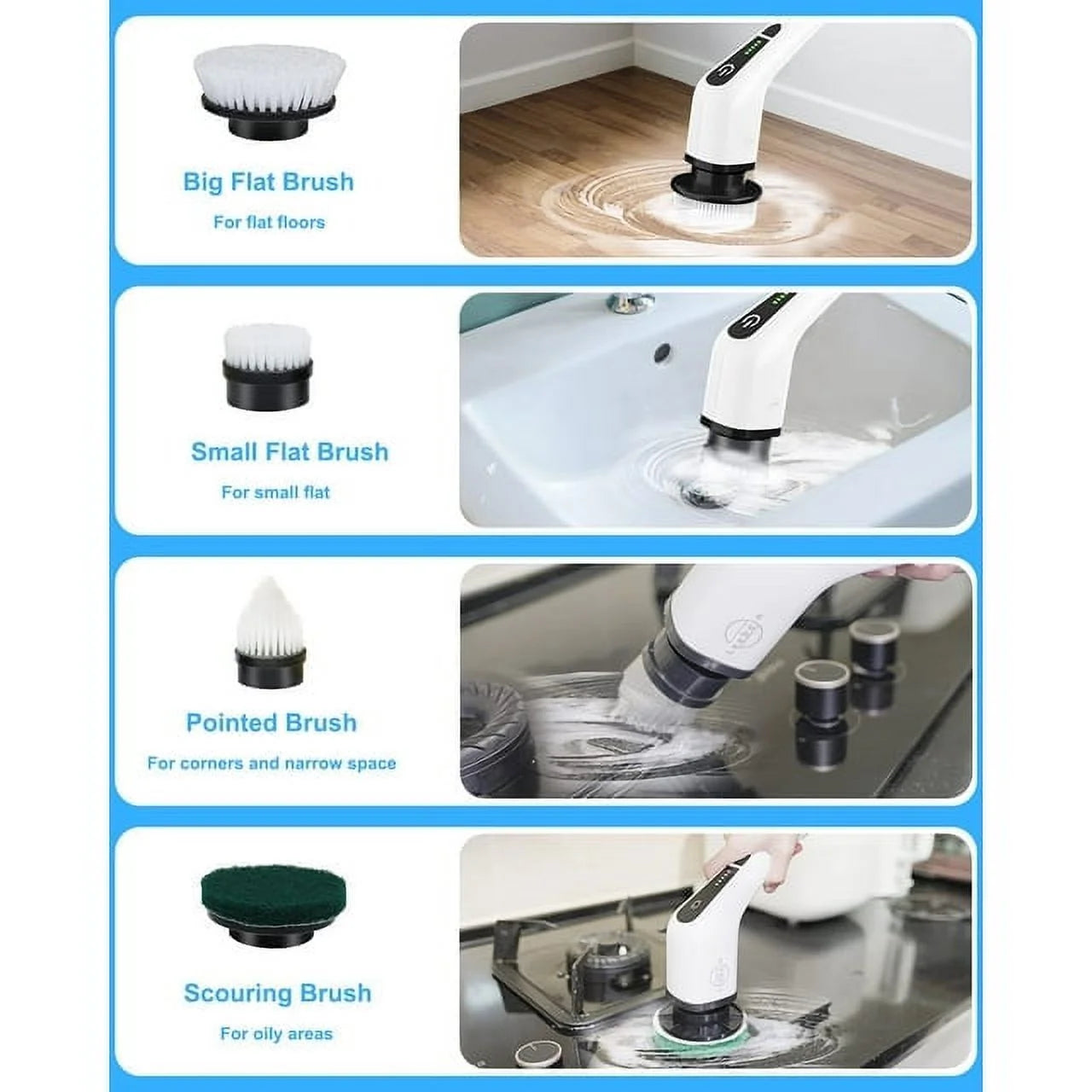 ELEVATE THE CLUTTER ~ Electric Spin Scrubber, Cordless Cleaning Brush with 8 Replaceable Brush Heads, Power Scrubber with Adjustable & Detachable Handle for Bathroom Kitchen Car,White