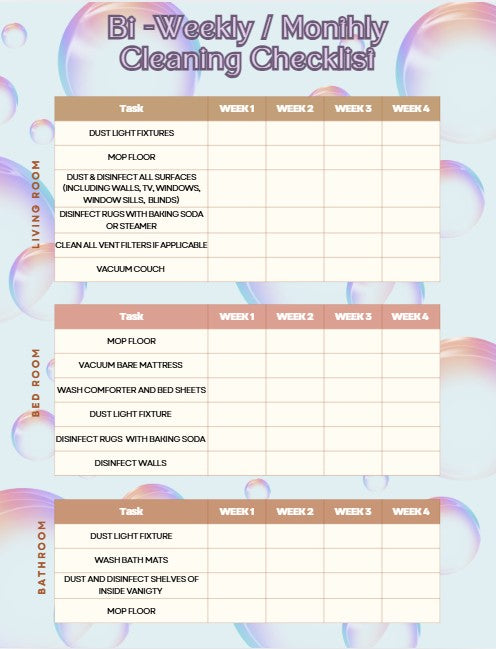DAILY, WEEKLY, BI-WEEKLY, & MONTHLY CLEANING TRACKER FOR VISUAL LEARNERS