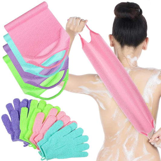 Exfoliating Back Scrubber with Handles | Set of 8 Shower Bath Gloves 4 Pairs Scrub Stretchable Pull Strap Washcloth | Pink, Purple, Blue, Green