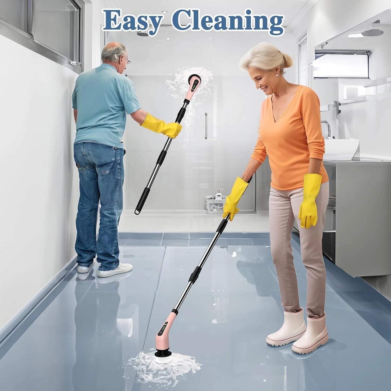 ELEVATE THE CLUTTER ~ Electric Spin Scrubber, Bathroom Cleaning Brush, Pink Power Shower Scrubber with 7 Replaceable Brush Heads, 3 Adjustable Handle for Bathroom, Tub, Tile, Floor, Glass, Car