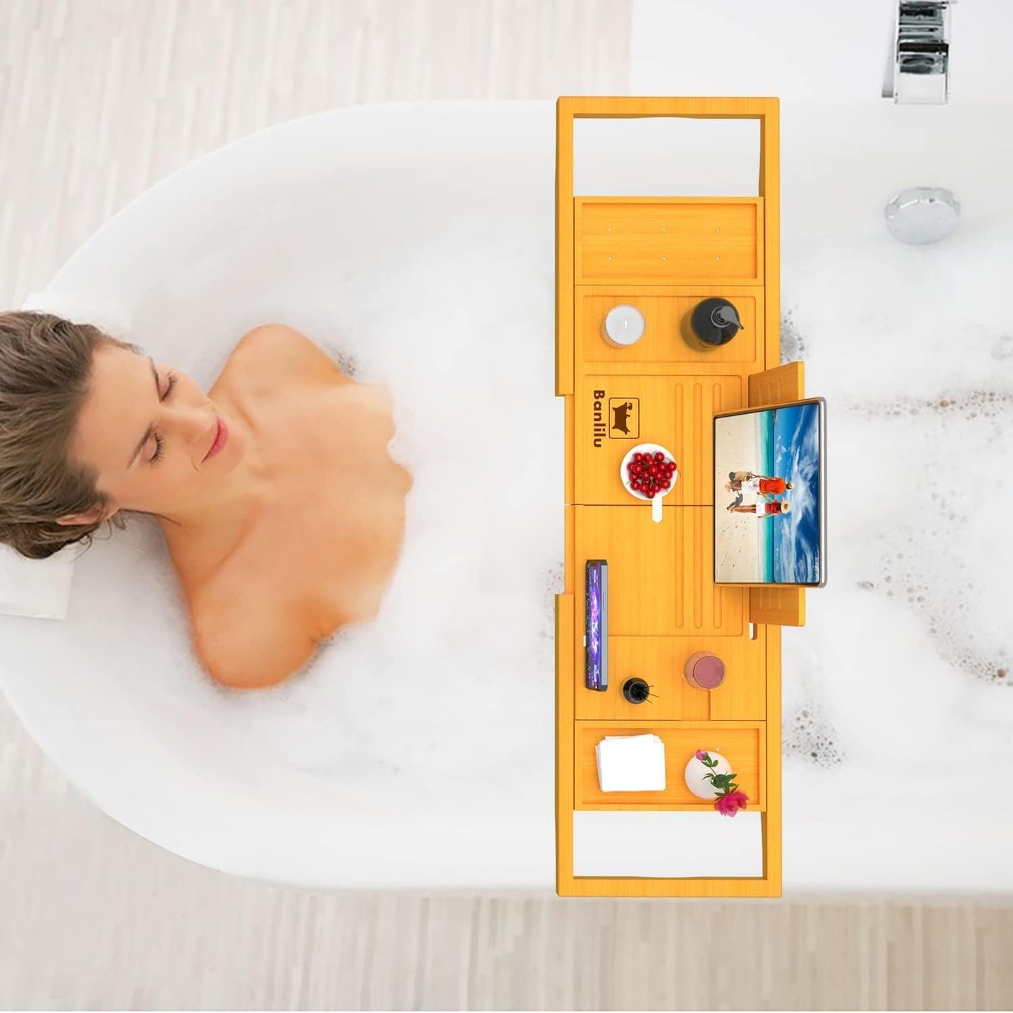 ONE OF THOSE DAYS Premium Bathtub Tray Caddy - Bamboo - Expandable Size, Fits Most Bath Tubs
