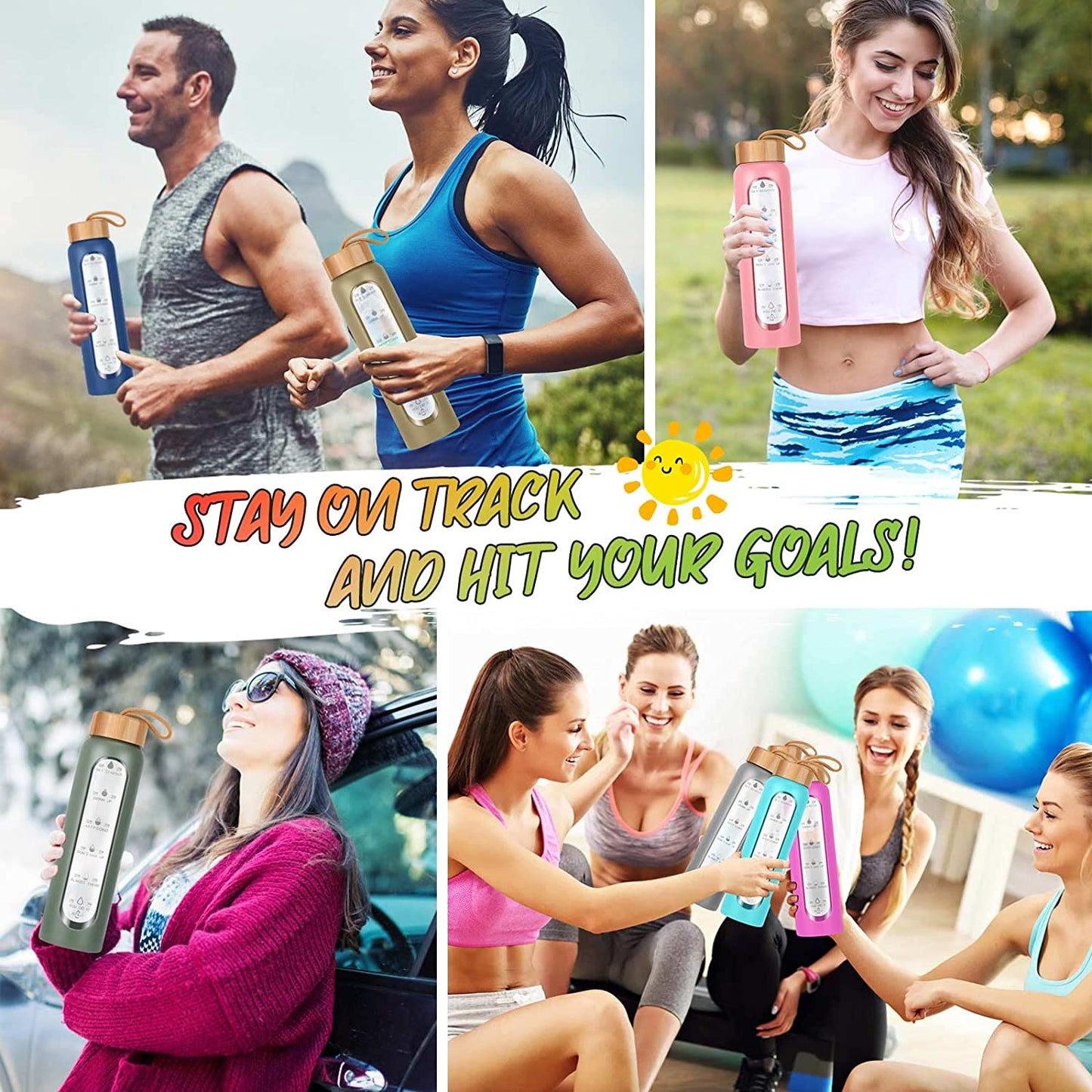 32 Oz Water Bottle with Silicone Sleeve - BPA Free, Reusable, Wide Mouth, Motivational, Leak Proof Borosilicate, Time Marker and Fruit Infuser