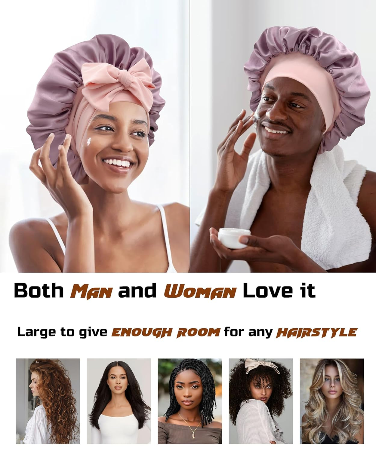 Reversible Double Layer Satin Hair Bonnet with Tie Band for Natural Hair (Includes Scrunchie)
