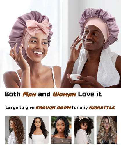 Reversible Double Layer Satin Hair Bonnet with Tie Band for Natural Hair (Includes Scrunchie)