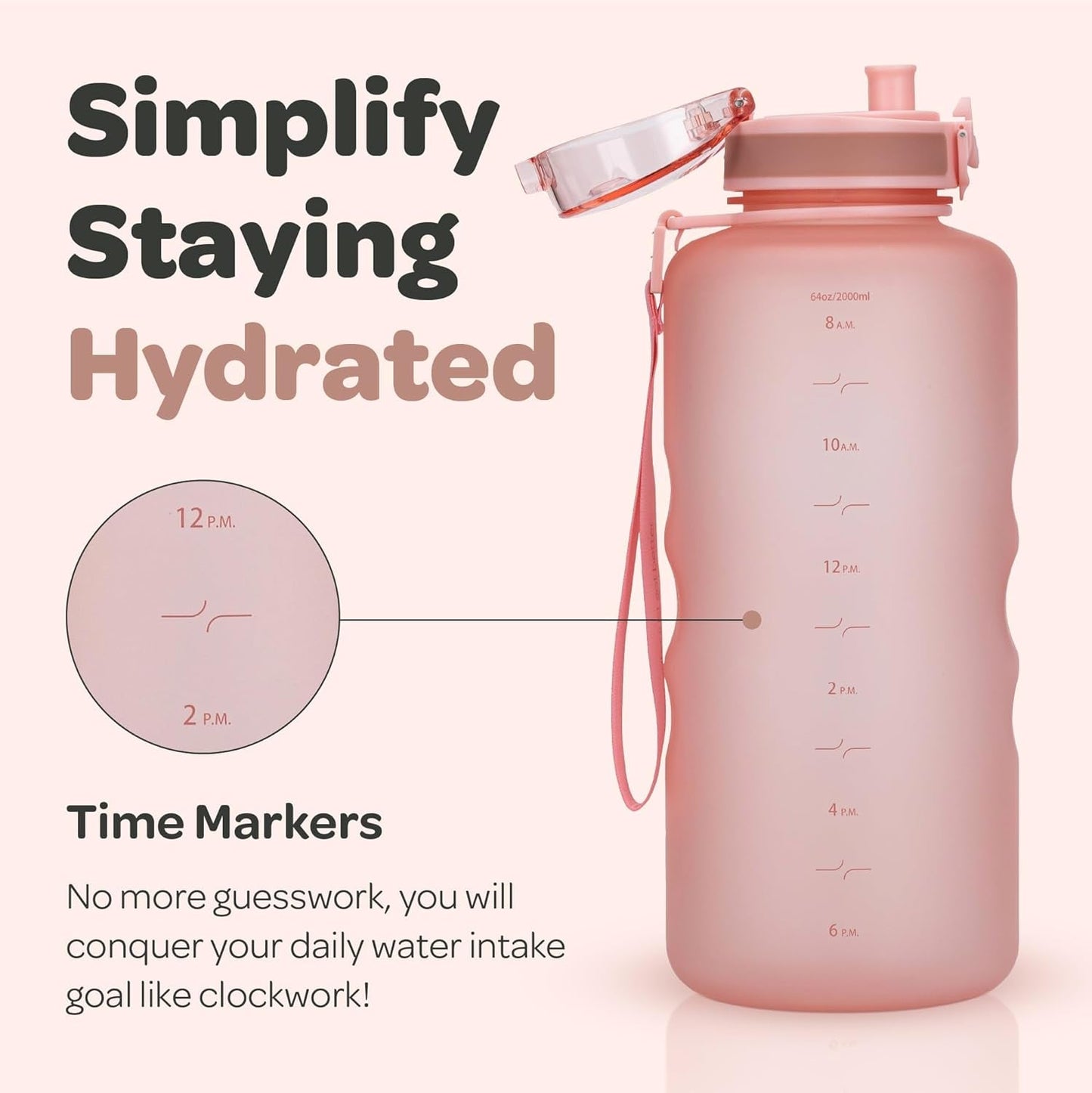 Large BPA Free Water Bottle & No Sweat Sleeve with Time Marker, Fruit Infuser, Strainer