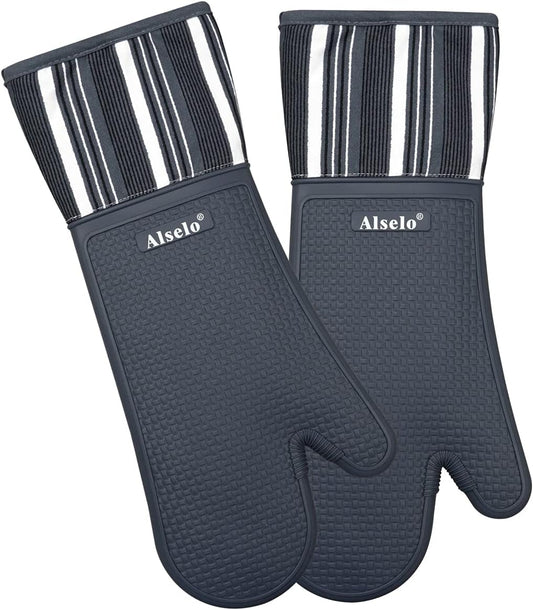 MEAL PREP BASICS Silicone Oven Mitts Heat Resistant 550 Degree | Extra Long Kitchen Gloves Pot Holders with Waterproof and Non-Slip | Baking Cooking Barbecue Microwave Machine Washable