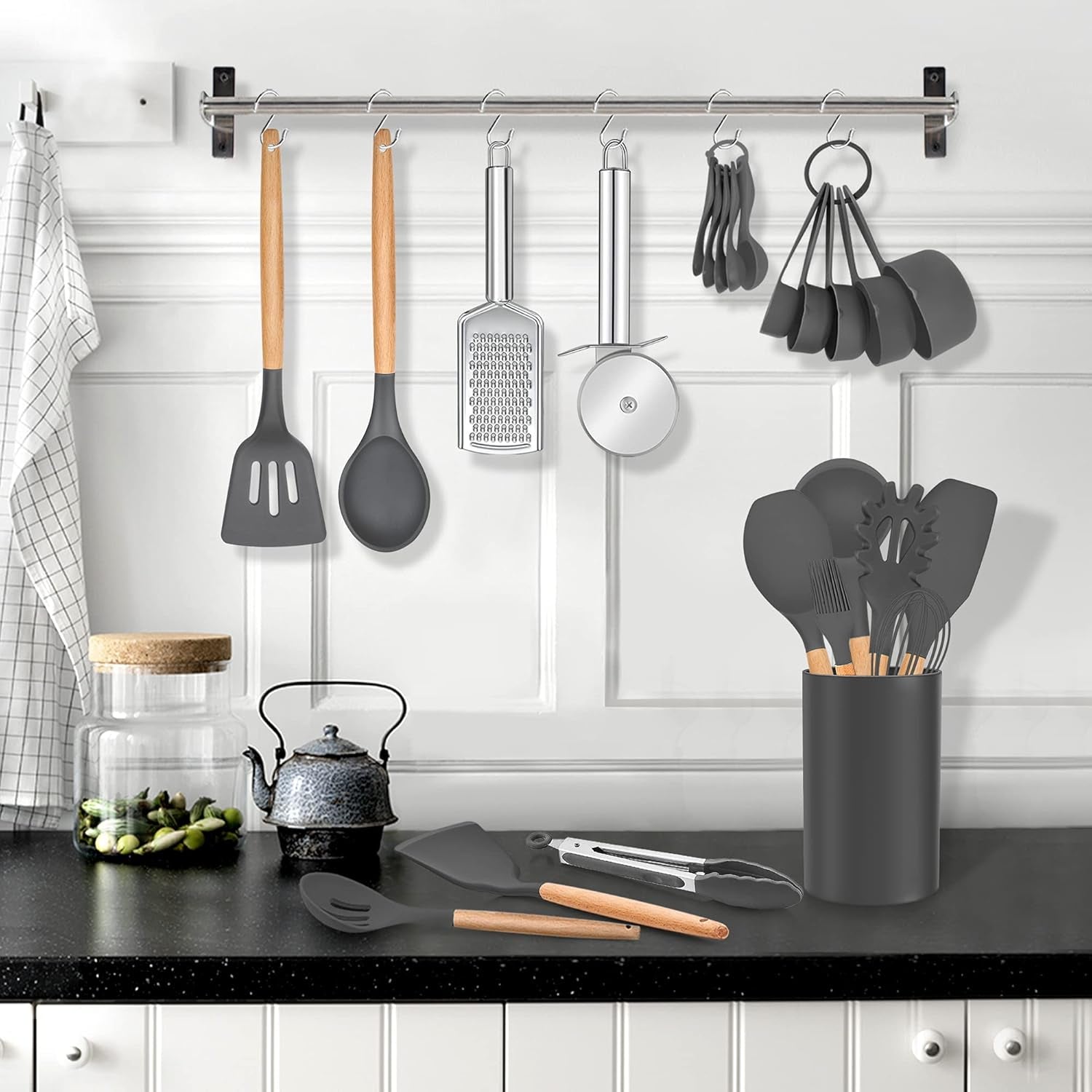 MEAL PREP BASICS 30 PCS Silicone Cooking Utensils Set with Organizer | Silicone Kitchen Essential Utensil Set with Wooden Handle | Kitchen Cookware Tools Heat Resistant