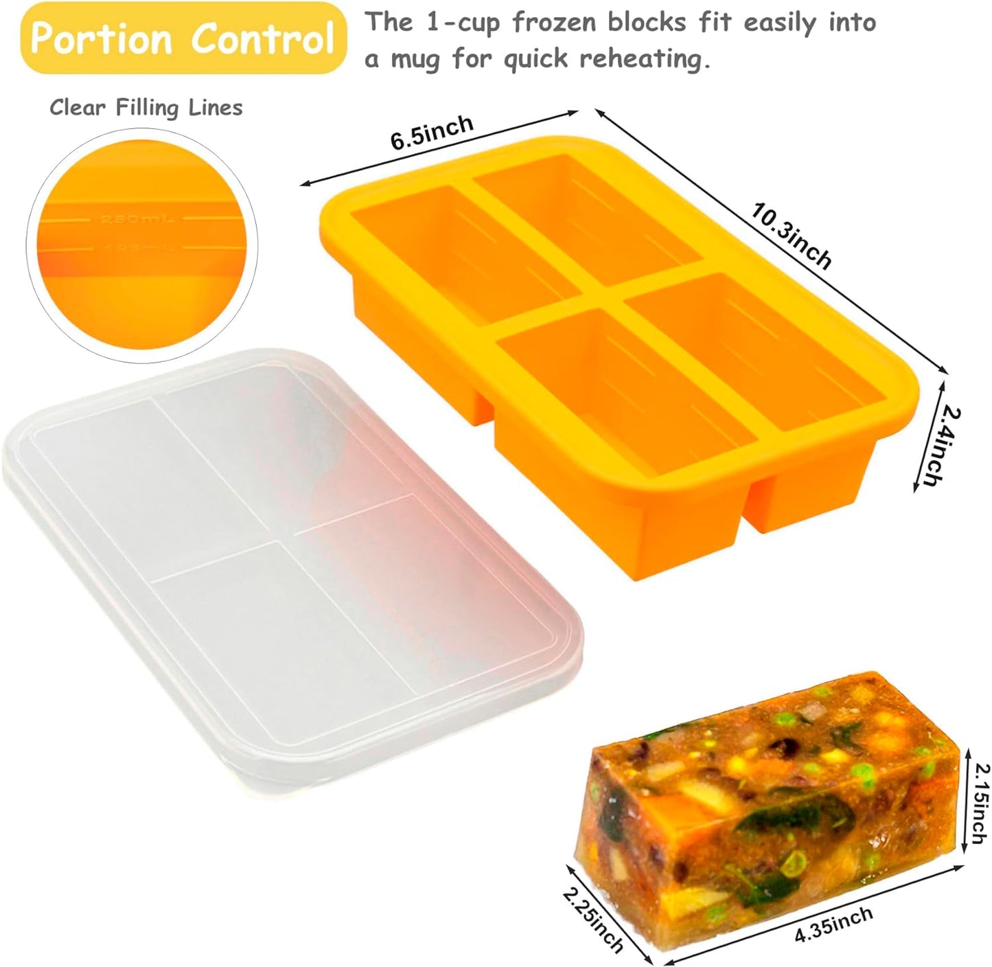 1-Cup Silicone Freezer Trays with Lid,2 Pack,Easy-Release Silicone Freezer Containers,Soup Freezer Molds,Freeze and Store Soup,Broth,Sauce,Leftovers - Makes 8 Perfect 1 Cup Portions