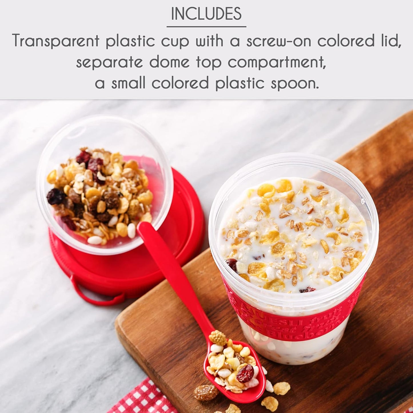 MEAL PREP BASICS ~ Yogurt Parfait Cups for Breakfast, Oatmeal or Fruit Container, Snack Bowl and Spoon for Lunch Box, Portable & Reusable, 2 Pcs (Red & Cream)