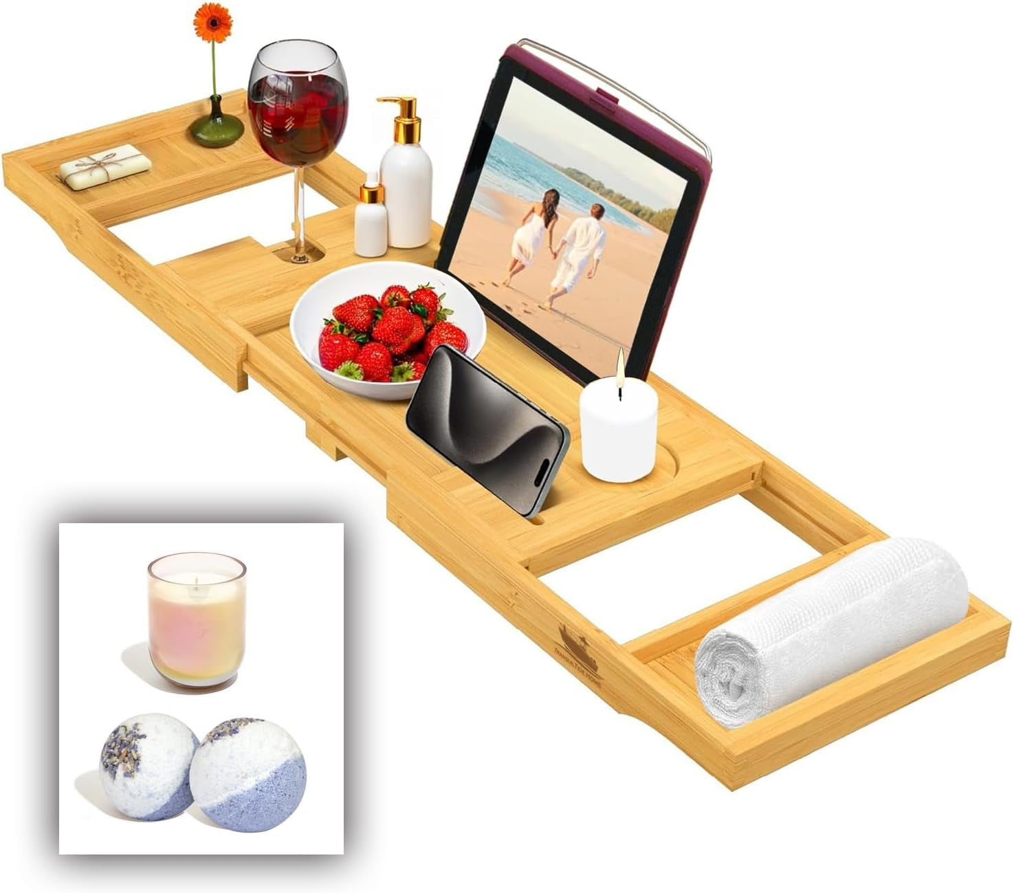 LET IT ALL MELT AWAY Foldable Bathtub Tray Expandable to 109Cm with Bath Bomb, Scented Candle, and Adjustable | Waterproof Bamboo Bathtub Caddy with anti Slip Grip Pads for Home Spa