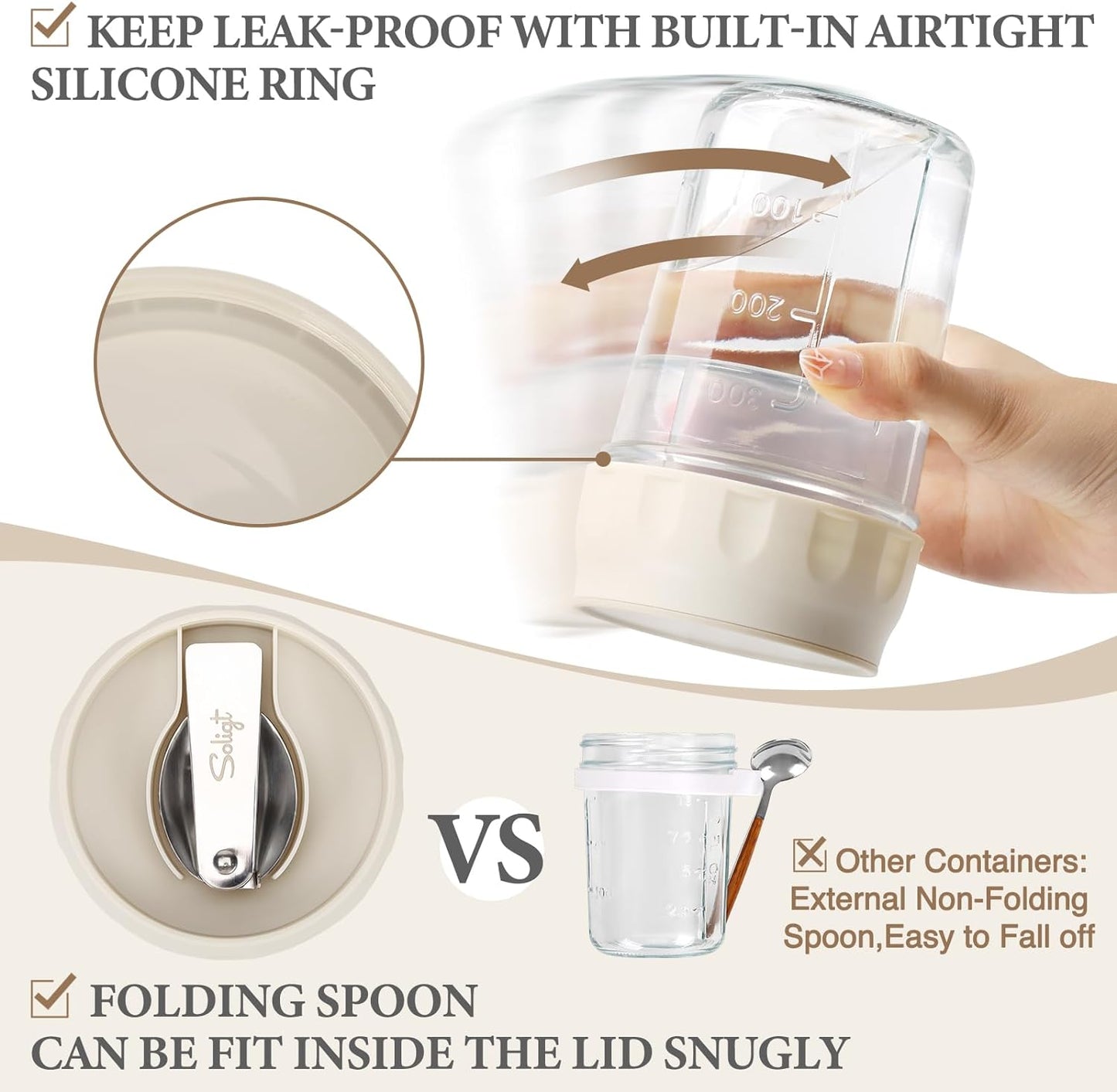 MEAL PREP BASICS ~ 4 Pack Overnight Oats Containers with Lids, Folding Spoons and Divided Compartments for Fruit & Nuts, Small Glass 16Oz Mason Jars for Oatmeal (4 Set-Oat White/Green/Rose/Blue)