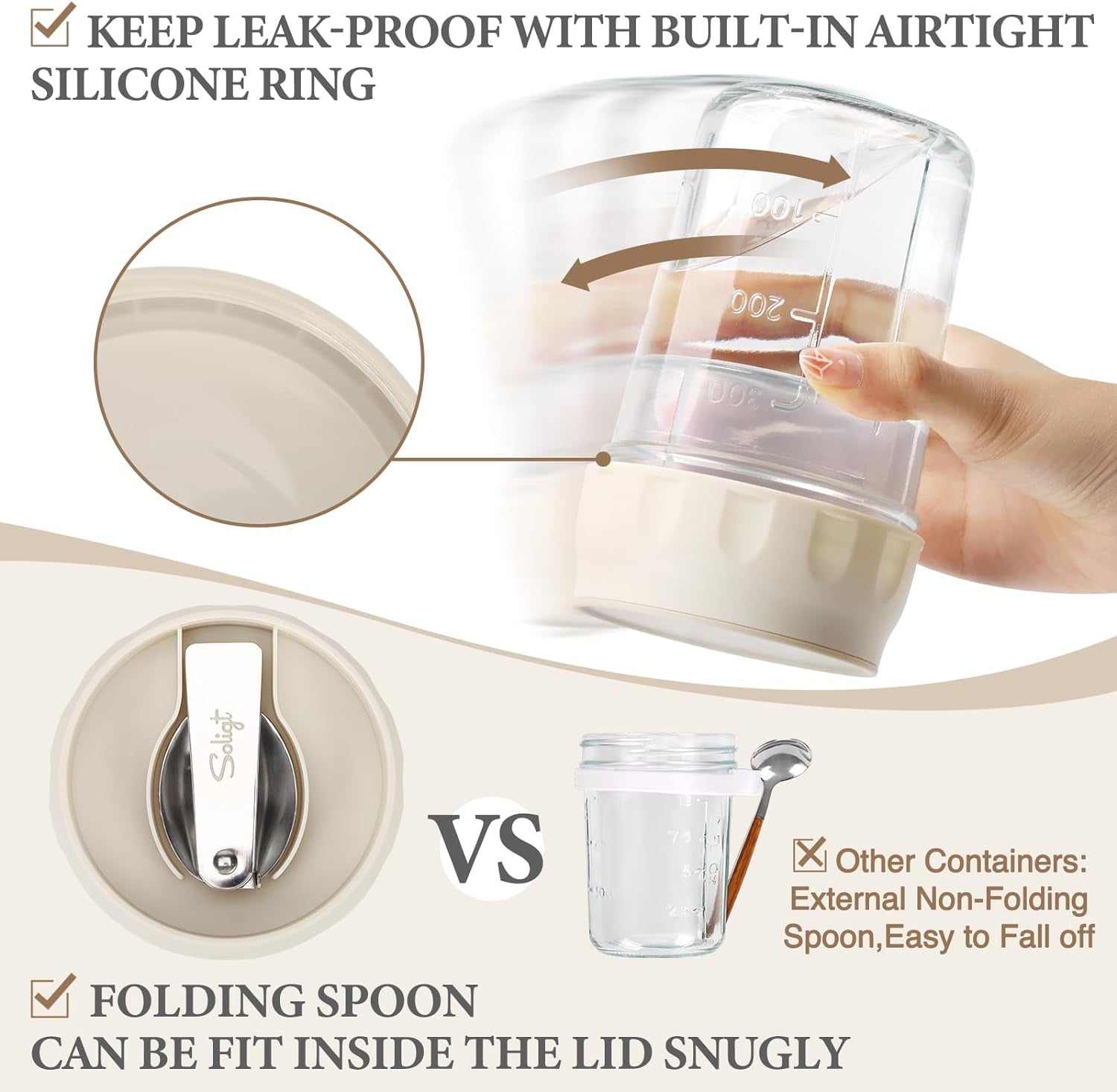 MEAL PREP BASICS ~ 4 Pack Overnight Oats Containers with Lids, Folding Spoons and Divided Compartments for Fruit & Nuts, Small Glass 16Oz Mason Jars for Oatmeal (4 Set-Oat White/Green/Rose/Blue)