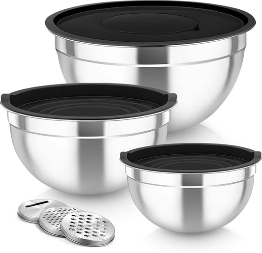 MEAL PREP PRO Mixing Bowls, Stainless Steel Nesting Salad Bowls with Lids Set of 3 & 3 Grater Attachments, for Mixing/Serving/Storing, Non-Toxic & Long-Lasting, Size 4.6/3 / 1.5 QT, Black
