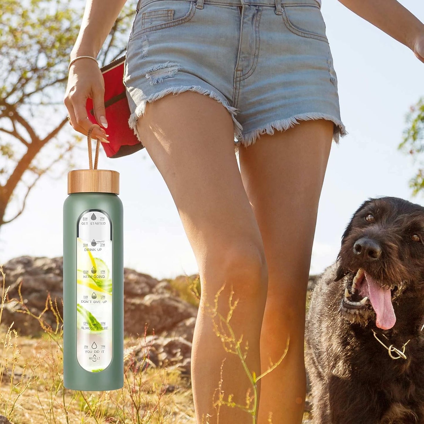 32 Oz Water Bottle with Silicone Sleeve - BPA Free, Reusable, Wide Mouth, Motivational, Leak Proof Borosilicate, Time Marker and Fruit Infuser