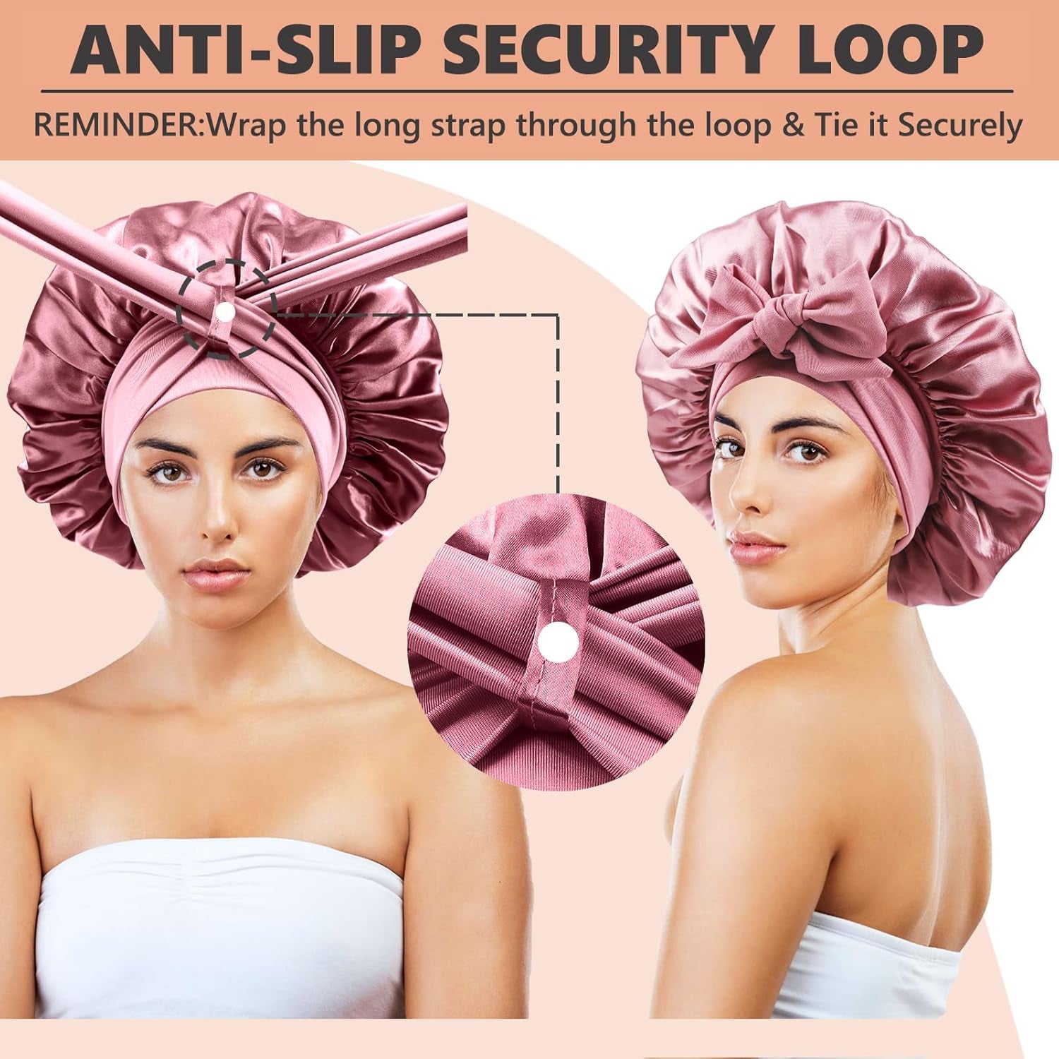 Satin Bonnet with security loop, 3 Scrunchies, Double Layer, (Natural Hair, Braids, Long Hair) 