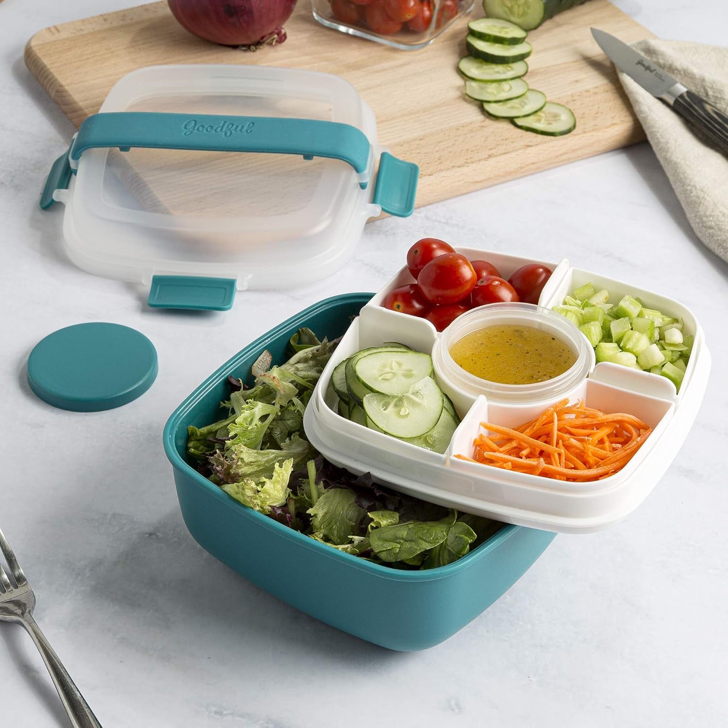 MEAL PREP PRO Stackable Lunch Box Container | Bento Style Food Storage | Removeable Compartments for Sandwich, Snacks, Toppings & DressinG | Leak-Proof, Made without BPA, 56 OZ