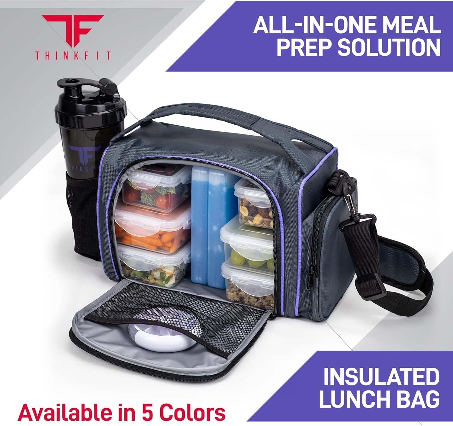 TAKE THE GUESS WORK OUT Insulated Meal Prep Lunch Box | 6 Food Portion Control Containers | Bpa-Free, Reusable, Microwavable, Freezer Safe | Includes Shaker Cup, Pill Organizer, Shoulder Strap & Side Pocket