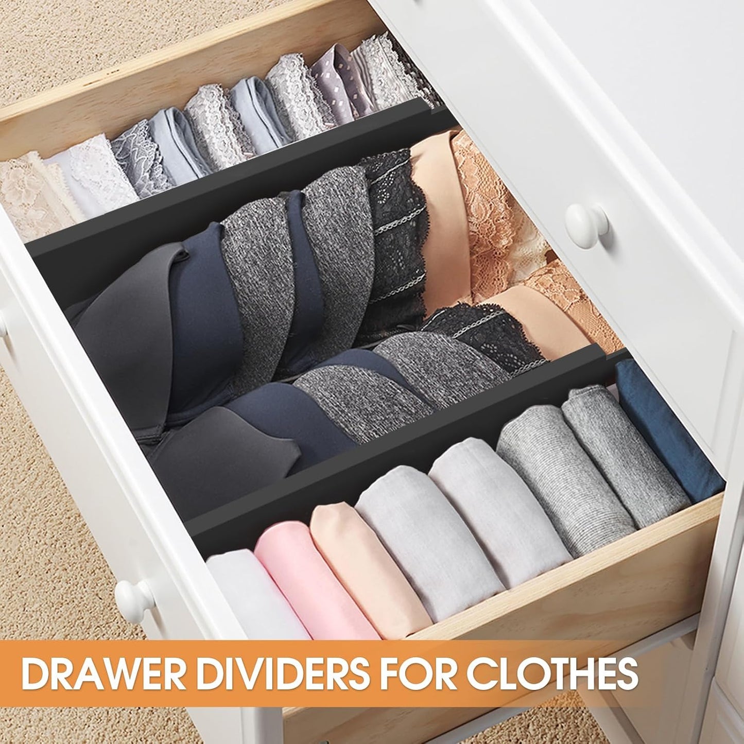 SORT IT OUT Bamboo Drawer Divider Organizers, Kitchen Drawer Organizer, Adjustable Drawer Divider for Clothes, Kitchen, Dresser, Bedroom, Bathroom and Office, 4-Pack (Black, 12-17 IN)