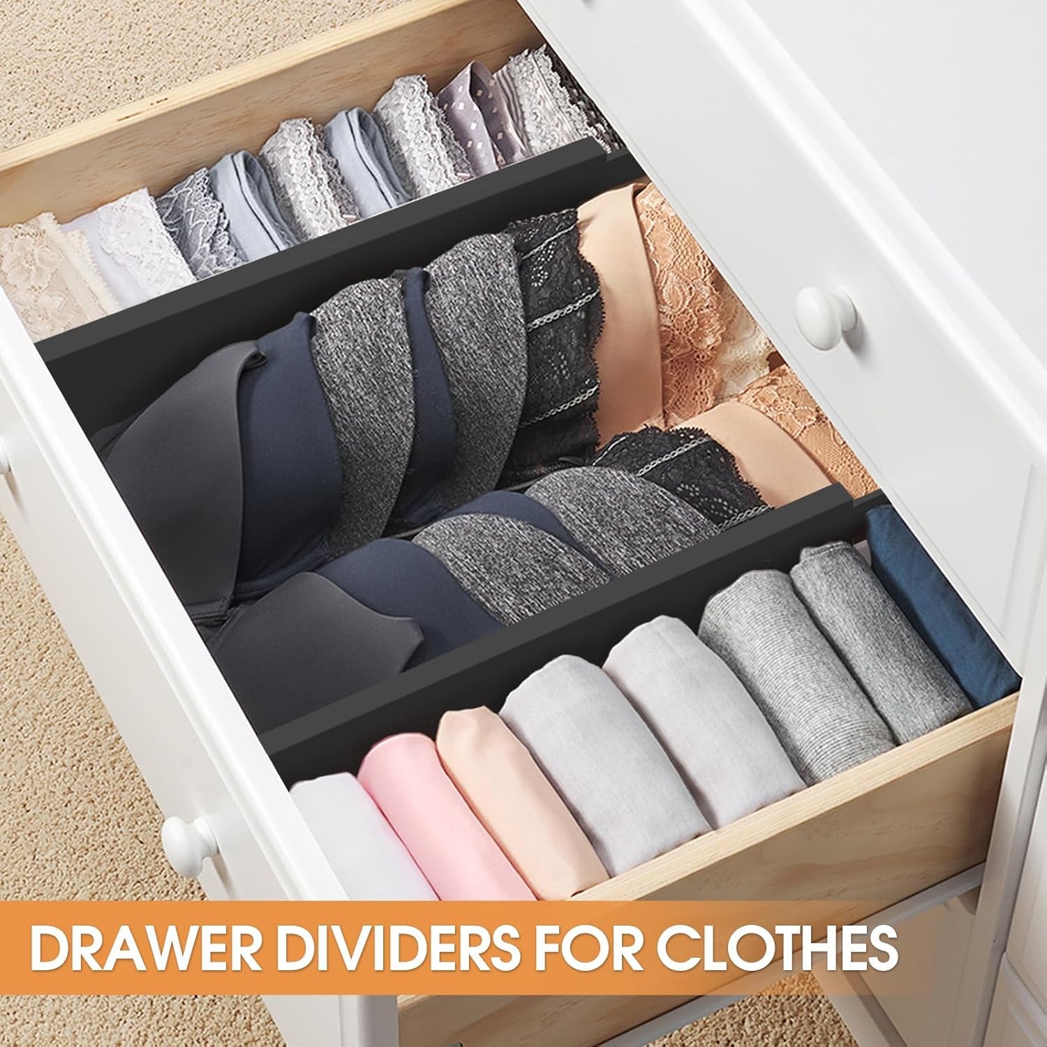 SORT IT OUT Bamboo Drawer Divider Organizers, Kitchen Drawer Organizer, Adjustable Drawer Divider for Clothes, Kitchen, Dresser, Bedroom, Bathroom and Office, 4-Pack (Black, 12-17 IN)