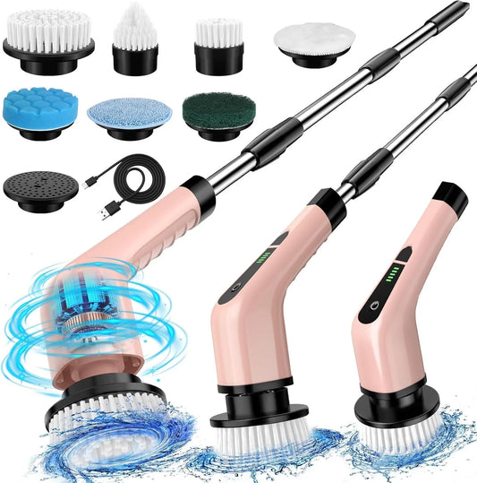 ELEVATE THE CLUTTER ~ Electric Spin Scrubber, Bathroom Cleaning Brush, Pink Power Shower Scrubber with 7 Replaceable Brush Heads, 3 Adjustable Handle for Bathroom, Tub, Tile, Floor, Glass, Car