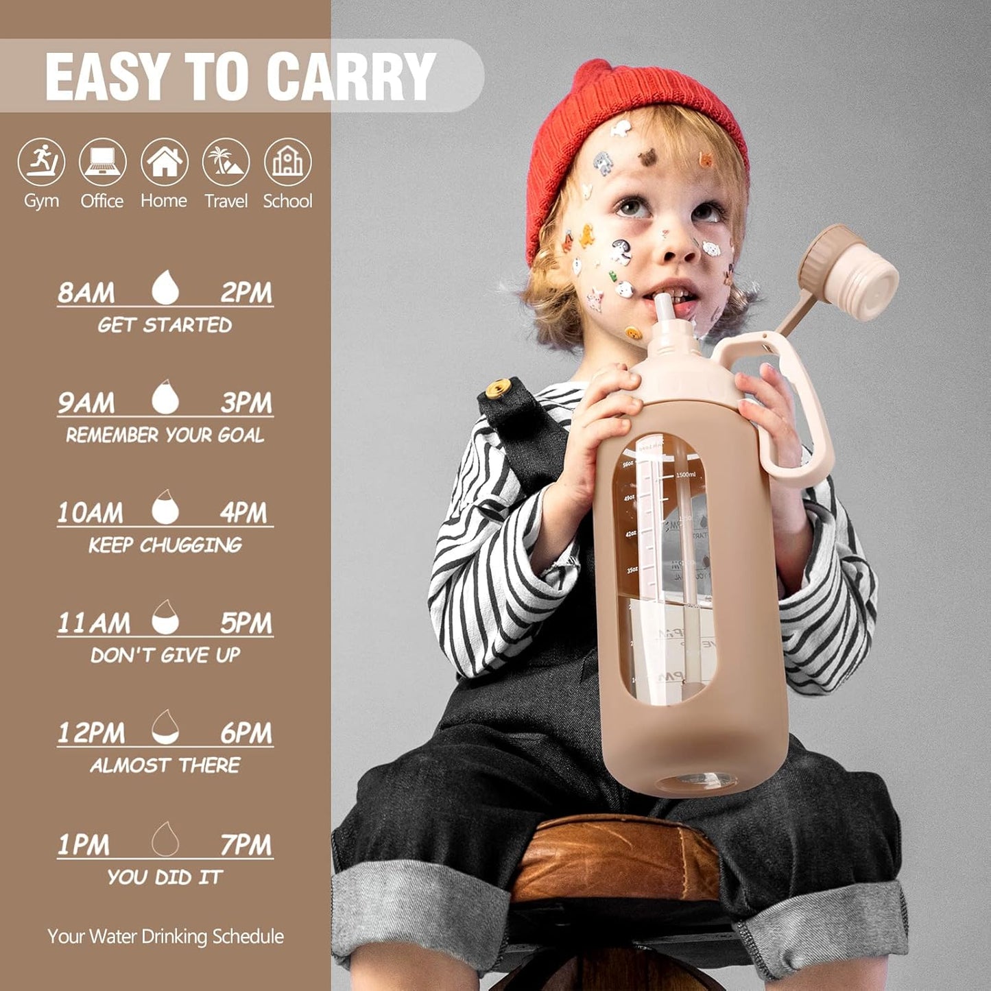 64Oz Motivational Glass Water Bottle with Time Marker, Straw, and Silicone Sleeves