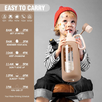 64Oz Motivational Glass Water Bottle with Time Marker, Straw, and Silicone Sleeves