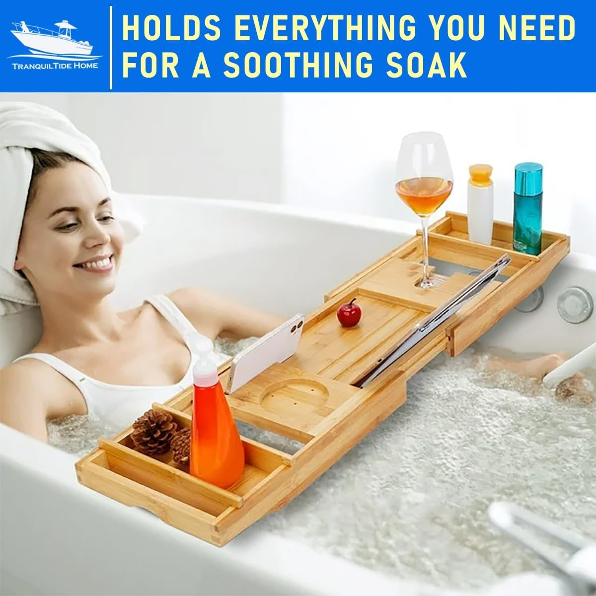 LET IT ALL MELT AWAY Foldable Bathtub Tray Expandable to 109Cm with Bath Bomb, Scented Candle, and Adjustable | Waterproof Bamboo Bathtub Caddy with anti Slip Grip Pads for Home Spa