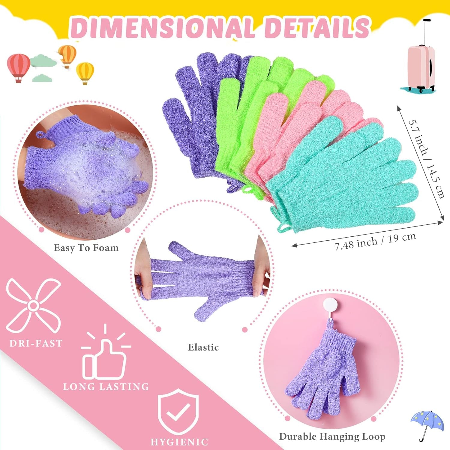 Exfoliating Back Scrubber with Handles | Set of 8 Shower Bath Gloves 4 Pairs Scrub Stretchable Pull Strap Washcloth | Pink, Purple, Blue, Green