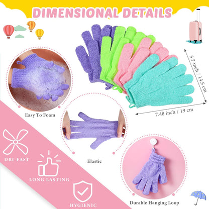 Exfoliating Back Scrubber with Handles | Set of 8 Shower Bath Gloves 4 Pairs Scrub Stretchable Pull Strap Washcloth | Pink, Purple, Blue, Green