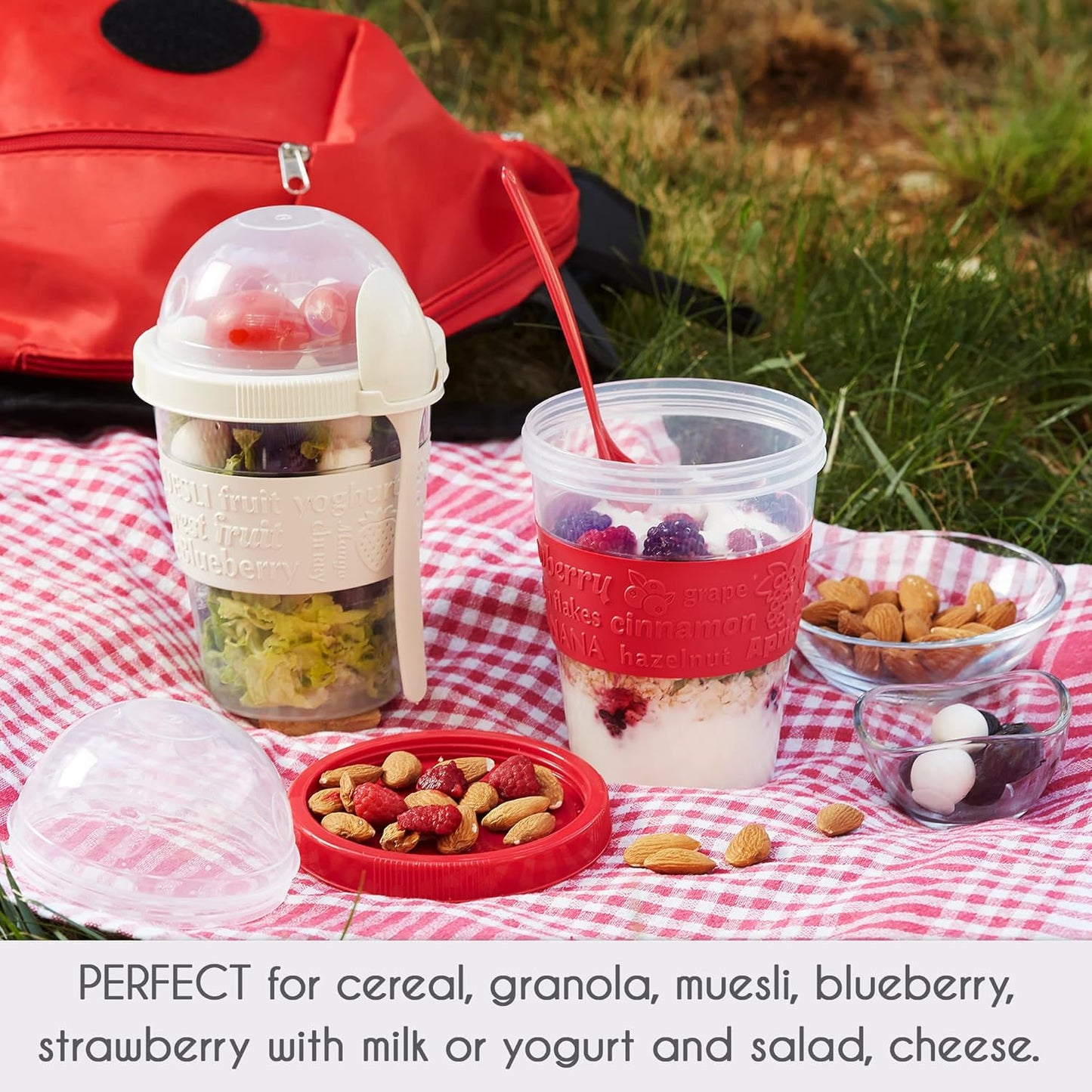 MEAL PREP BASICS ~ Yogurt Parfait Cups for Breakfast, Oatmeal or Fruit Container, Snack Bowl and Spoon for Lunch Box, Portable & Reusable, 2 Pcs (Red & Cream)