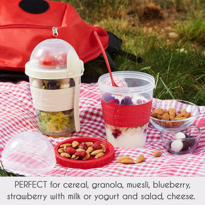 MEAL PREP BASICS ~ Yogurt Parfait Cups for Breakfast, Oatmeal or Fruit Container, Snack Bowl and Spoon for Lunch Box, Portable & Reusable, 2 Pcs (Red & Cream)