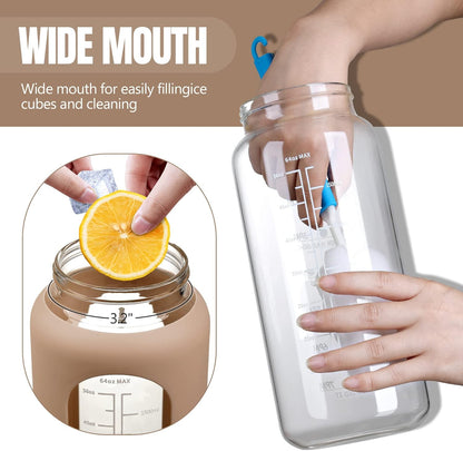 64Oz Motivational Glass Water Bottle with Time Marker, Straw, and Silicone Sleeves