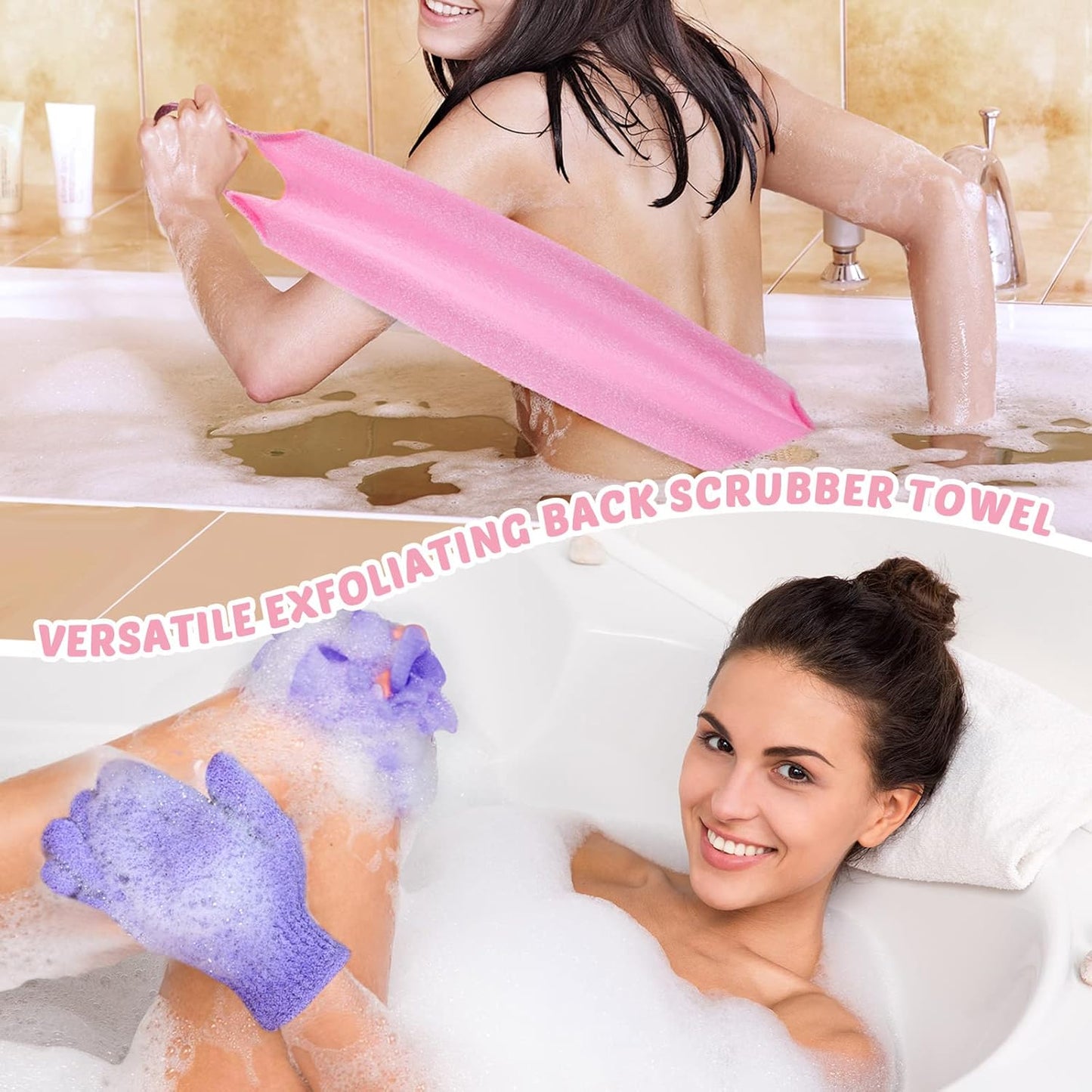 Exfoliating Back Scrubber with Handles | Set of 8 Shower Bath Gloves 4 Pairs Scrub Stretchable Pull Strap Washcloth | Pink, Purple, Blue, Green