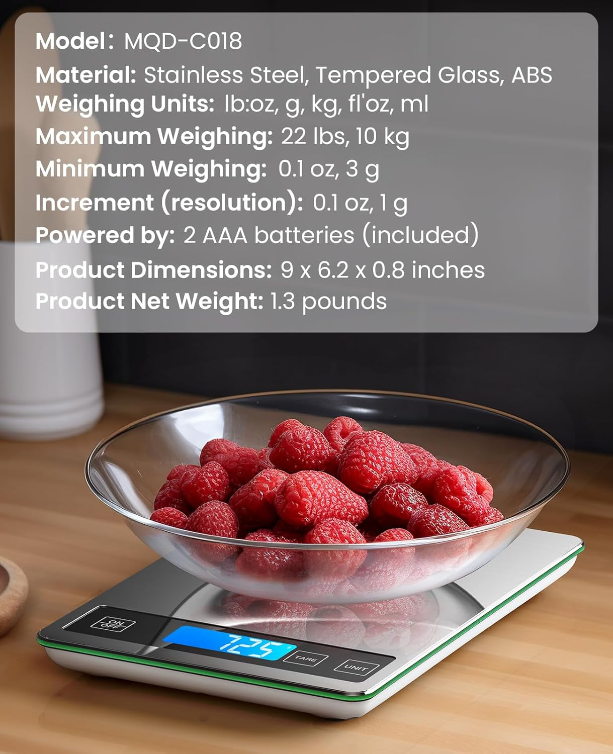 TRACKER QUEEN Food Scale - 22Lb Digital Kitchen Scale Weight Grams and Oz for Cooking Baking - 1G/0.1Oz Precise Graduation, Stainless Steel and Tempered Glass