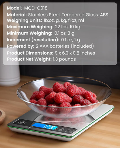 TRACKER QUEEN Food Scale - 22Lb Digital Kitchen Scale Weight Grams and Oz for Cooking Baking - 1G/0.1Oz Precise Graduation, Stainless Steel and Tempered Glass