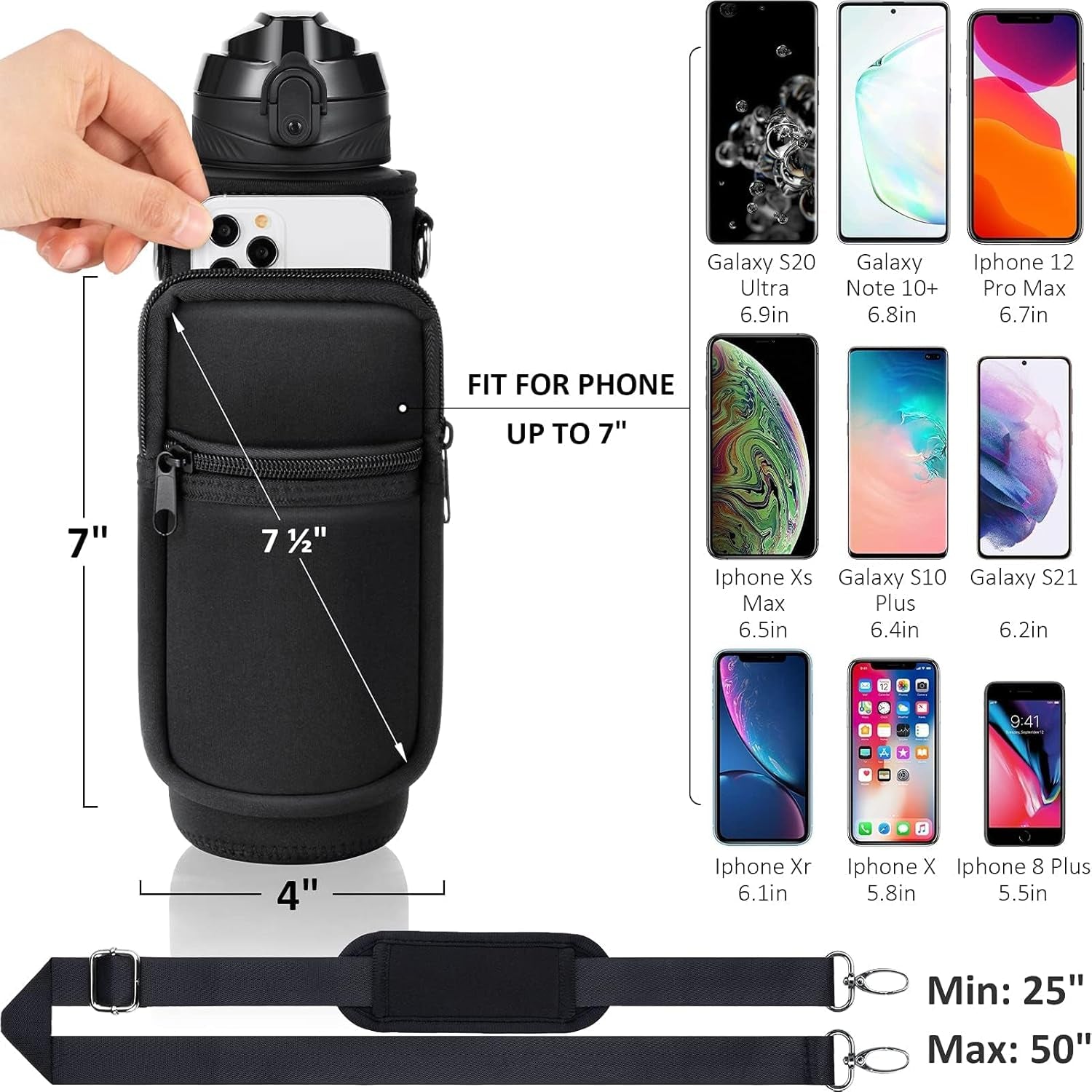 32 Oz Water Bottle with Sleeve - BPA Free Leakproof Sport Large 1L Plastic Motivational Water Bottle with Straw Strap & Insulated Neoprene Holder Carrier Bag 