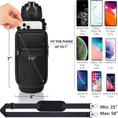 32 Oz Water Bottle with Sleeve - BPA Free Leakproof Sport Large 1L Plastic Motivational Water Bottle with Straw Strap & Insulated Neoprene Holder Carrier Bag 